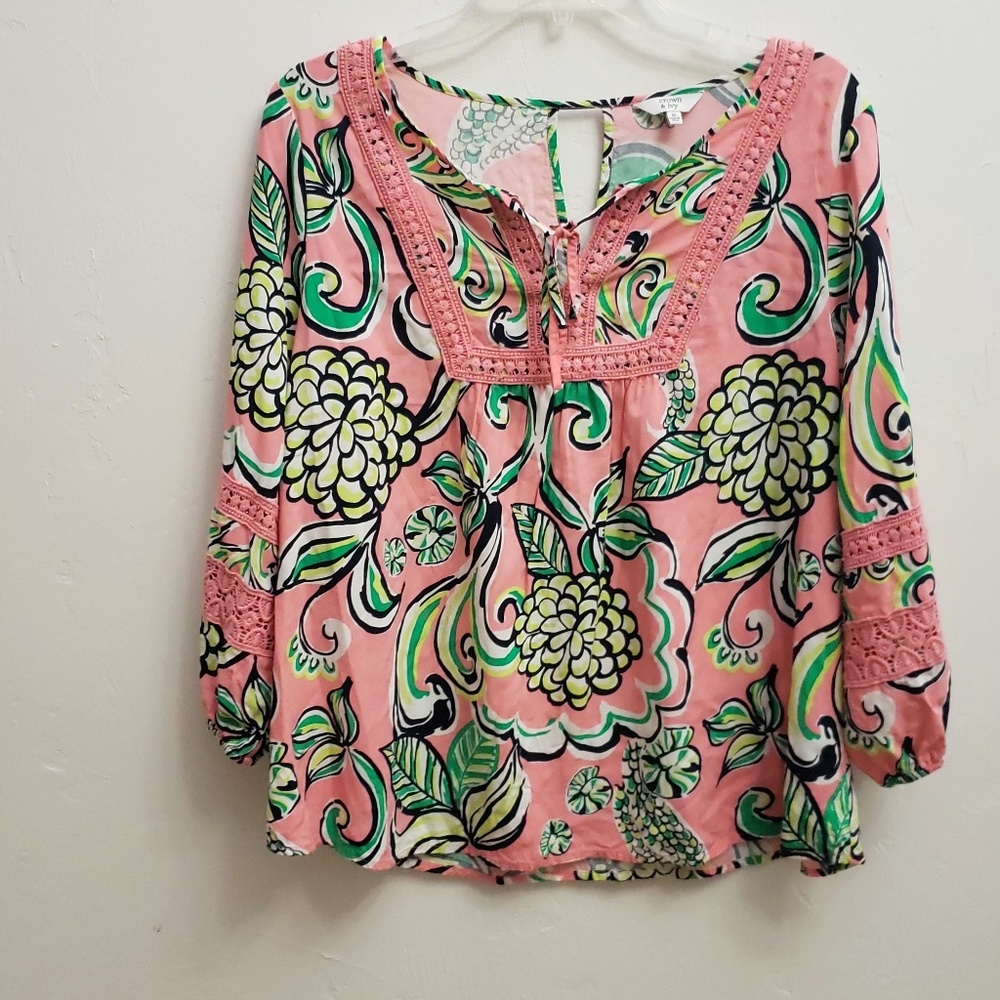 Crown & Ivy boho top with embroidered neck